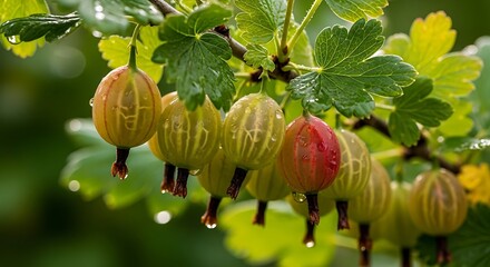 A cluster of ripe gooseberries hangs from a branch, glistening with water droplets after a rain shower.