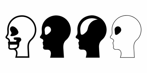 Four stylized human and alien heads in profile showing different representations of faces and skulls