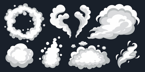 Collection of stylized cartoon smoke and cloud effects for animation and design elements