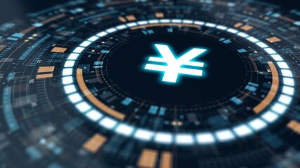 Motion graphic of glowing yen symbol inside futuristic HUD interface, representing digital currency, finance, and fintech technology concept. - Powered by Adobe