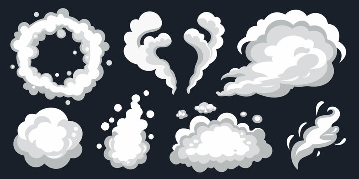 Collection of stylized cartoon smoke and cloud effects for animation and design elements