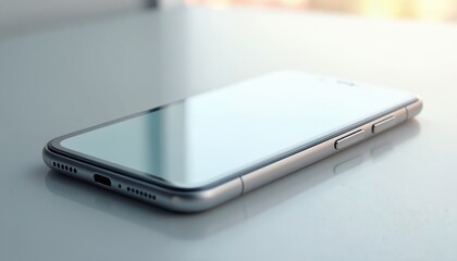 Sleek modern smartphone lies on a light surface reflecting light. Close-up view of phone edge, screen, and buttons. Minimalist electronic gadget.