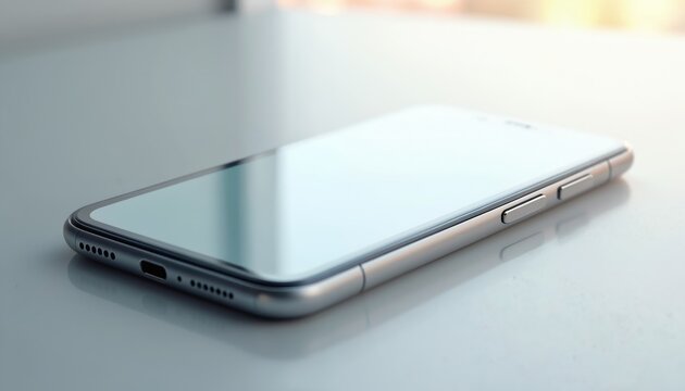 Sleek modern smartphone lies on a light surface reflecting light. Close-up view of phone edge, screen, and buttons. Minimalist electronic gadget.