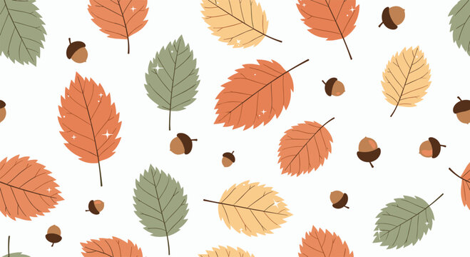 Seamless pattern of colorful autumn leaves in green, orange, and yellow, scattered with small acorns on a light background.
