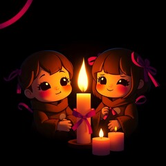 Cute Cartoon Children Girls Holding Candles in Dark Room with Warm Glow