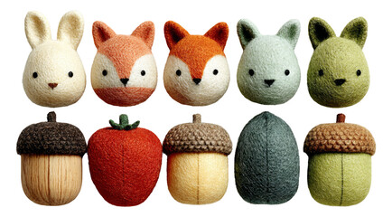 Naklejka premium Colorful Collection of Adorable Felt Animals and Objects on Transparent Background