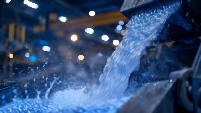 142Stream of raw polymer pellets pouring from a production chute into a large steel container, glowing industrial environment highlighting precision manufacturing