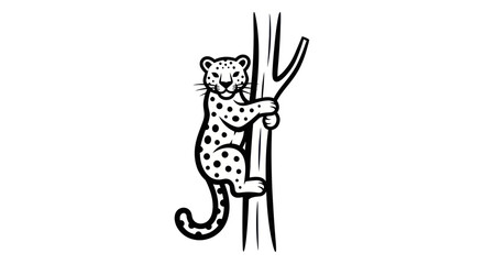 Leopard climbing a tree, black and white illustration.