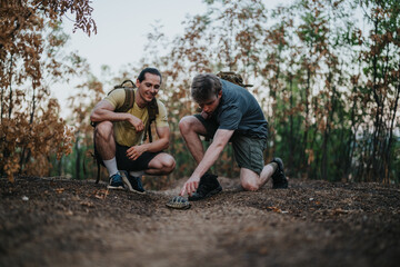 Two friends on a forest hike pause to examine a turtle on a dirt path. They wear backpacks and outdoor gear, capturing curiosity, teamwork, and outdoor adventure in nature.