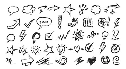 Hand-drawn sketch icons speech bubbles arrows stars lightbulbs checks and exclamations for design projects illustration