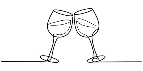 Continuous line drawing of two wine glasses clinking together in celebration vector