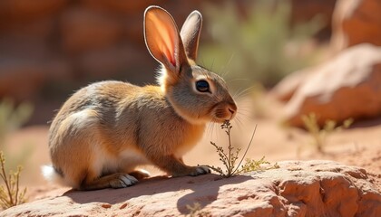 Fototapeta premium Brown rabbit sits on red rock in desert landscape. The wild animal examines a small plant with its nose. Sunlight illuminates the creatures fur and ears, highlighting its natural habitat.