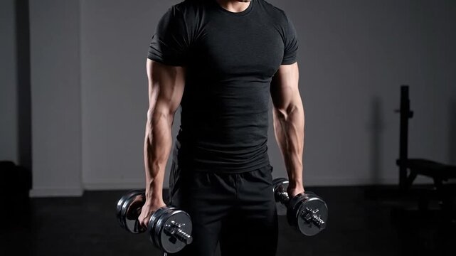 Muscular man lifting dumbbells in a gym setting, showcasing physique
