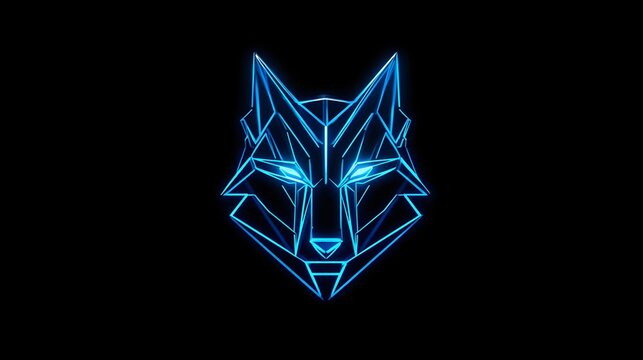 Futuristic tech wolf logo with glowing blue holographic lines in a cybernetic neon style. innovation, strength, intelligence, digital power, AI startups, tech companies, esports teams, cyber branding.