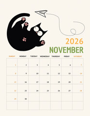 Playful Black Cat Calendar 2026 &ndash; November Page