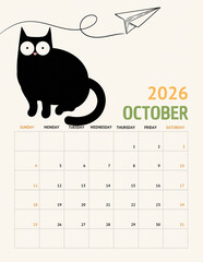Playful Black Cat Calendar 2026 &ndash; October Page