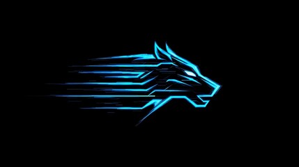Fototapeta premium Futuristic tech wolf logo with glowing blue holographic lines in a cybernetic neon style. innovation, strength, intelligence, digital power, AI startups, tech companies, esports teams, cyber branding.
