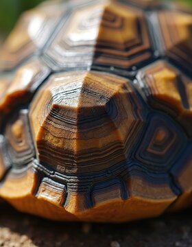 Close up of turtle shell. Reptile has textured brown carapace. Protective shell features unique shapes, lines. This animal is protected from predators with hard armor. Turtle slowly walks, crawls.