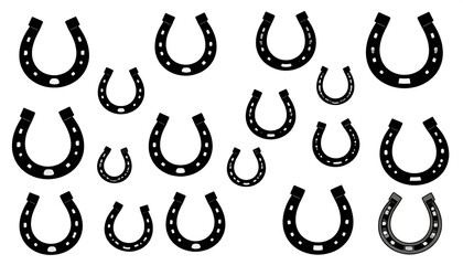 Black silhouette horse shoes of various sizes are scattered across a white backdrop, creating a pattern