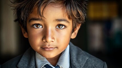 close up face young Asian Indian boy in modern business attire smiling looking at camera 