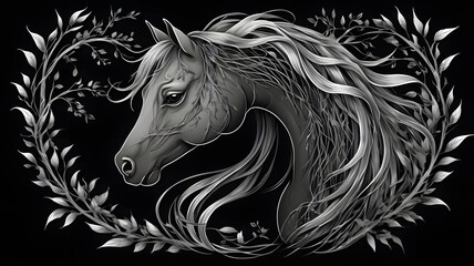 Elegant Black and White Horse Head Illustration Surrounded by Floral Wreath
