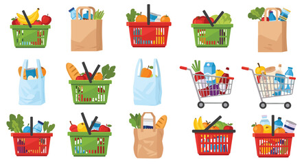 Vibrant assortment of fresh groceries in shopping baskets, carts, and bags, perfect for food retail and healthy lifestyle promotions