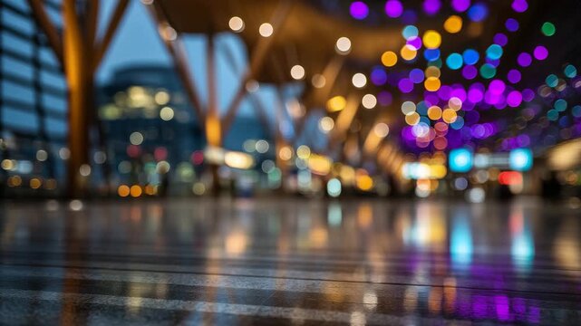 157Close-up of vibrant bokeh lights reflecting on polished airport floors, modern architectural lines of Hamad International framing the scene