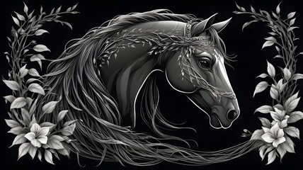 Elegant Black and White Horse Head with Flowing Mane and Floral Accents on Dark Background