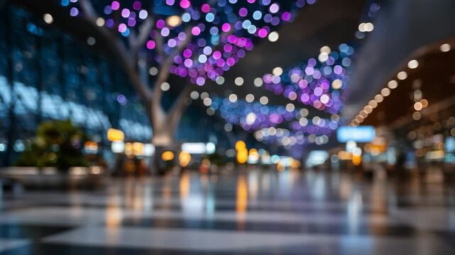 161Interior of Hamad International Airport with glowing ceiling installations, blurred bokeh lighting creating a futuristic ambiance