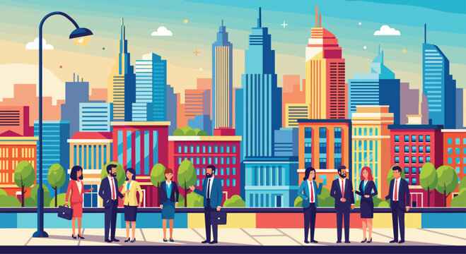 Diverse business professionals collaborating in a vibrant modern city center, fostering teamwork and innovation for corporate success