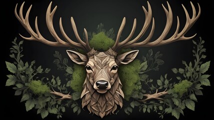 Stylized Geometric Deer Head with Large Antlers Surrounded by Green Foliage on Dark Background