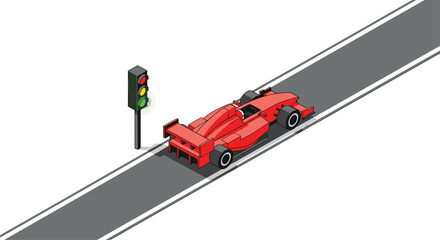 Dynamic red race car poised at a traffic light ready for a high-speed start on a sleek asphalt track
