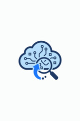 Flat vector icon of cloud with connected circuits and magnifying glass analyzing data flow, symbolizing IT research, cloud computing, and storage technology.