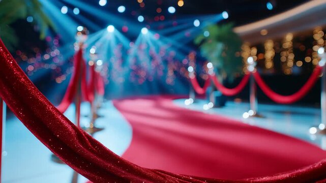 171Wide shot of glamorous red carpet awaiting arrivals, velvet ropes curving along walkway, moving loop spotlight adding excitement