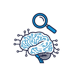 Minimalist vector icon showing magnifying glass, gear, and atomic orbit symbolizing science, technology, and innovation. Perfect for research, data analytics, AI, and engineering development themes.