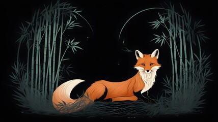 Elegant Fox Sitting in Nighttime Forest Scene with Bamboo Plants and Dark Sky