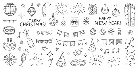 Hand drawn doodle elements for christmas and new year celebrations including gifts fireworks and festive decorations