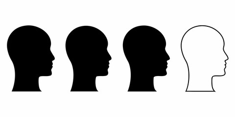 Four human head profiles in silhouette and outline on a white background