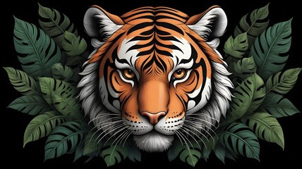 Realistic Tiger Head with Green Jungle Leaves on Black Background
