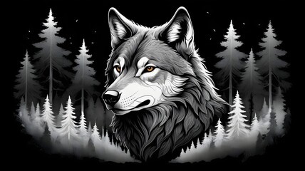 Stylized Gray Wolf Head in Mystical Forest Scene with Dark Background