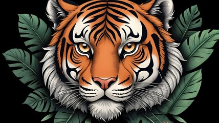 Bold Tiger Face with Green Jungle Leaves on Black Background