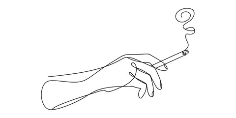 Elegant continuous line drawing of a hand holding a smoking cigarette with swirling smoke vector © Icon_gallery