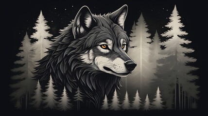 Stylized Gray Wolf Head with Bright Eyes in Dark Forest Scene