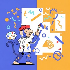A cartoon monkey, wearing artist attire, paints on a split background with abstract shapes