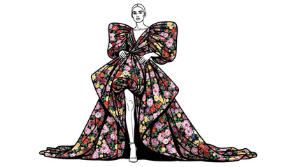 High-Quality Black Continuous Line Realistic Close-Up Fashion Illustration of Model Wearing Colorful Floral Flowing Couture Dress, Emphasized Pose and Drape on White Background