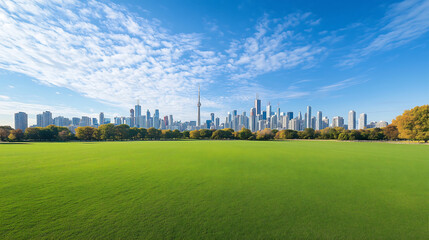Wide park lawn faces a blue lake and tall city towers, sunny sky and clean grass make a fresh urban view