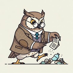 A cartoon owl, wearing glasses and a tweed jacket, gestures towards trash, holding papers. It represents environmental responsibility