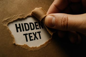Hidden text reveals secret layers beneath brown paper creating mystery and intrigue through close cinematic macro detail