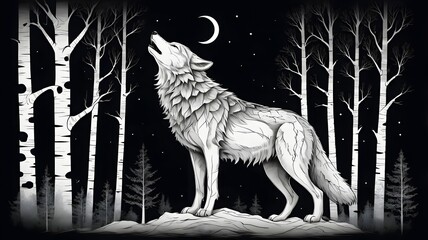 Majestic Gray Wolf Howling in Black and White Forest Night Scene with Crescent Moon