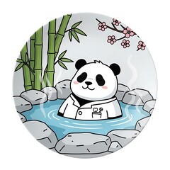 A cartoon panda relaxes in a hot spring surrounded by rocks and bamboo. Pink flowers bloom nearby. The scene is on a white plate